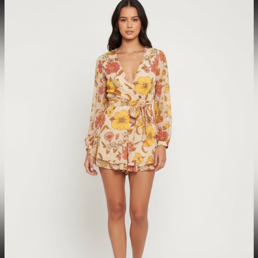 Cream Floral Long Sleeve romper with Yellow & Pink Blooms